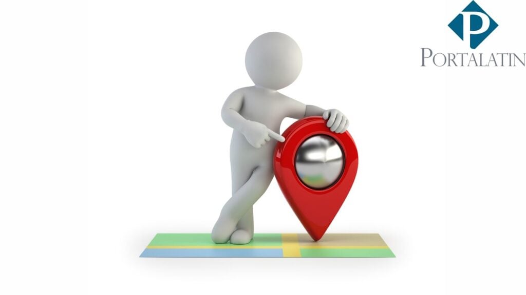 3D figure with red location pin on map