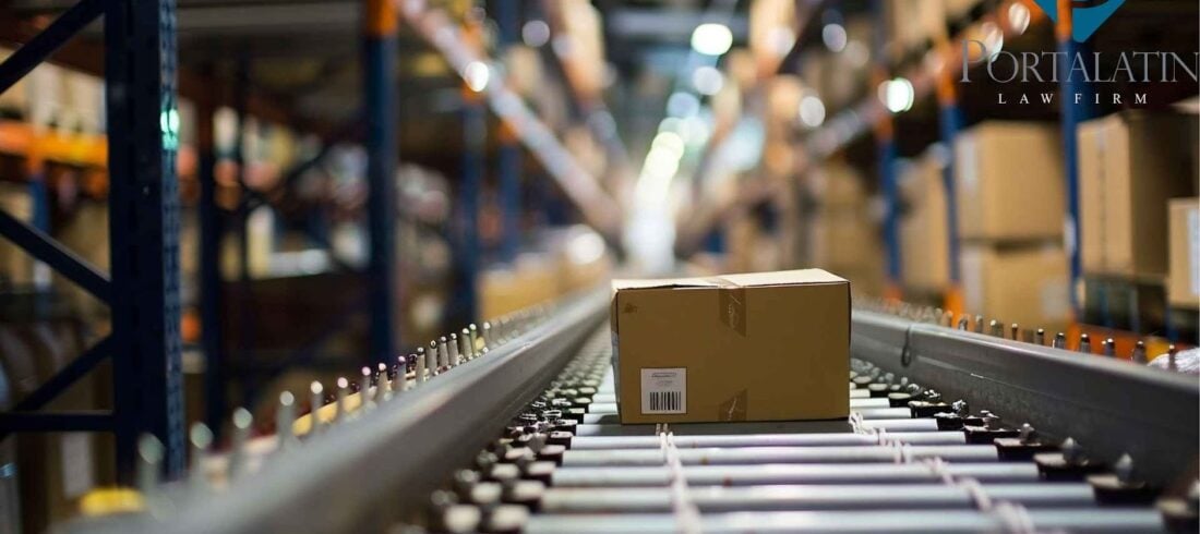 Cardboard box on conveyor belt in warehouse