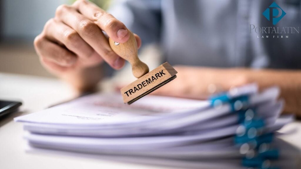 Stamping trademark on documents at law firm.