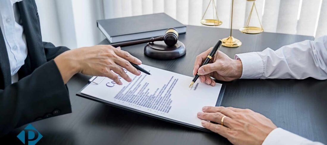 Lawyers discussing contract and legal documents