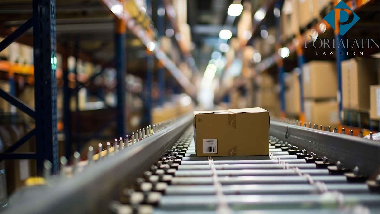 Cardboard box on conveyor belt in warehouse