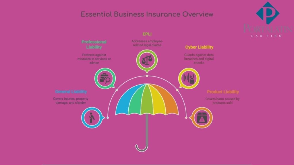 Overview of essential business insurance types diagram.