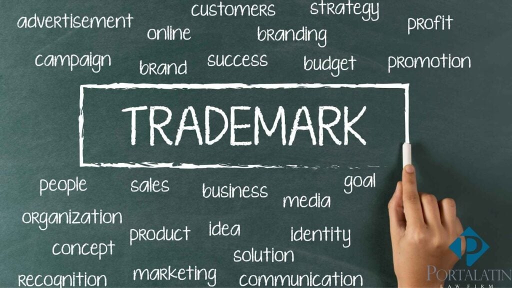 Chalkboard with trademark-related terms and hand holding chalk.