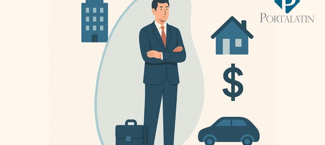 Businessman with icons of building, house, car, money