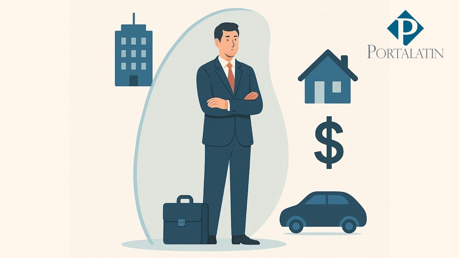 Businessman with icons of building, house, car, money