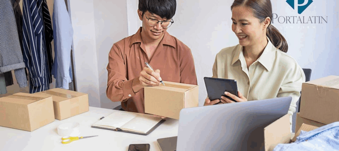 Two people packaging boxes with tablet and laptop.