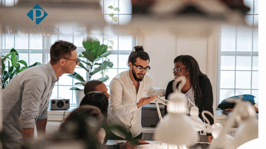 Team collaborating in modern office with plants