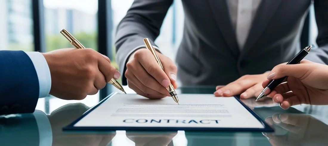 Business professionals signing a contract document