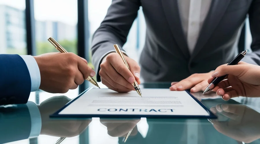 Business people signing contract document
