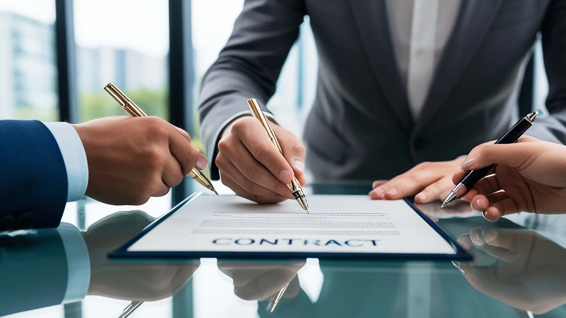 Business professionals signing a contract document