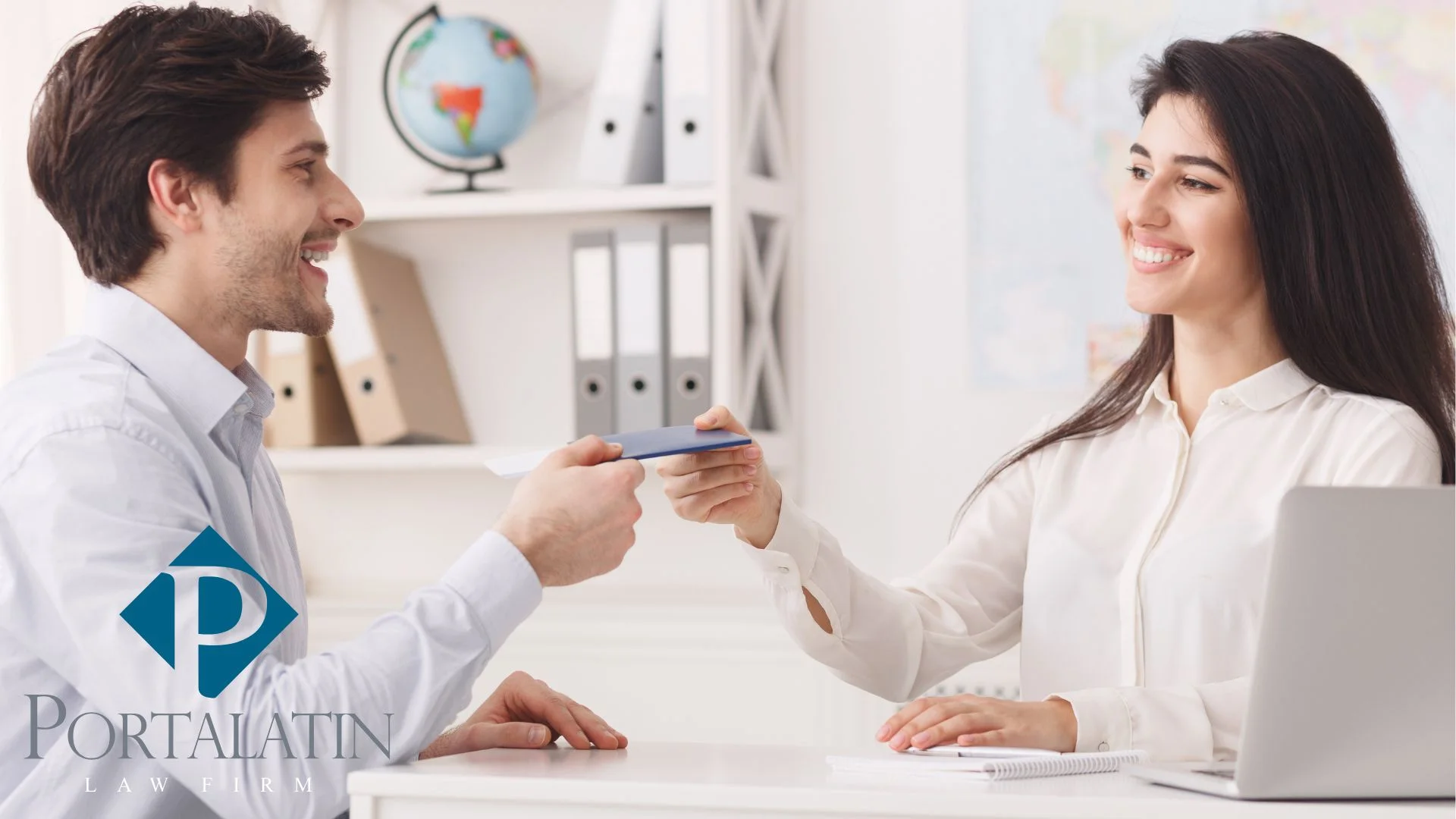 Woman handing E2 business visa to man in office